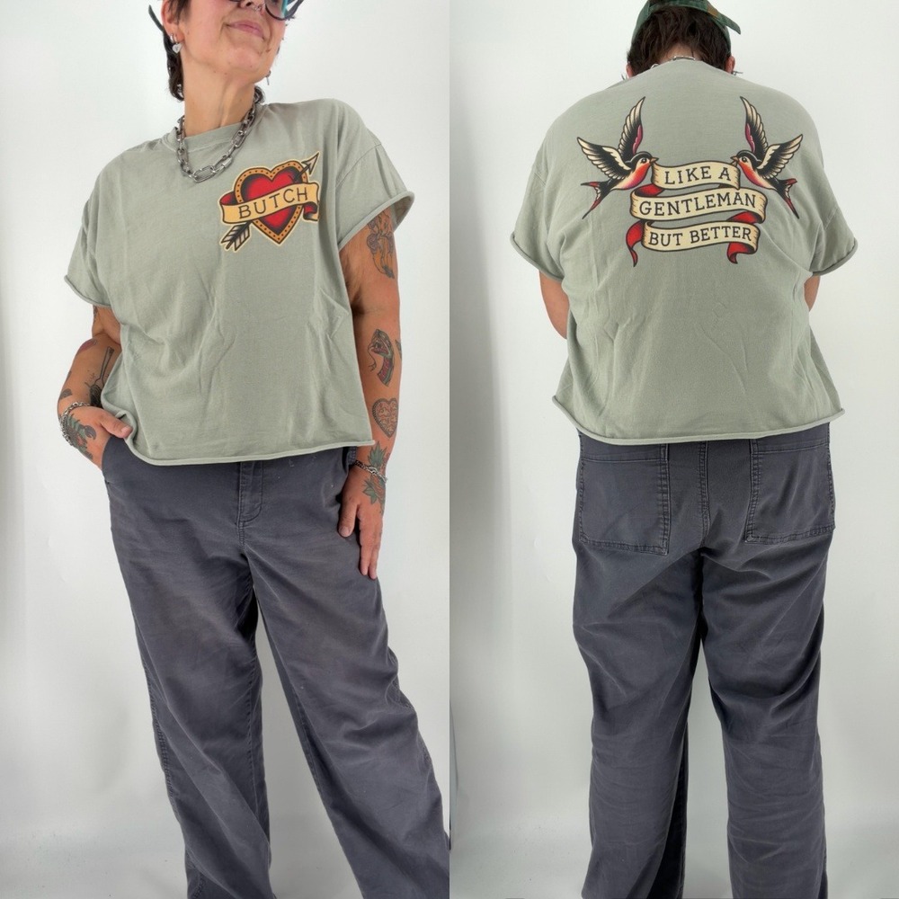 Comfort Colors traditional tattoo art cropped boxy tee Butch 2XL queer LGBTQIA